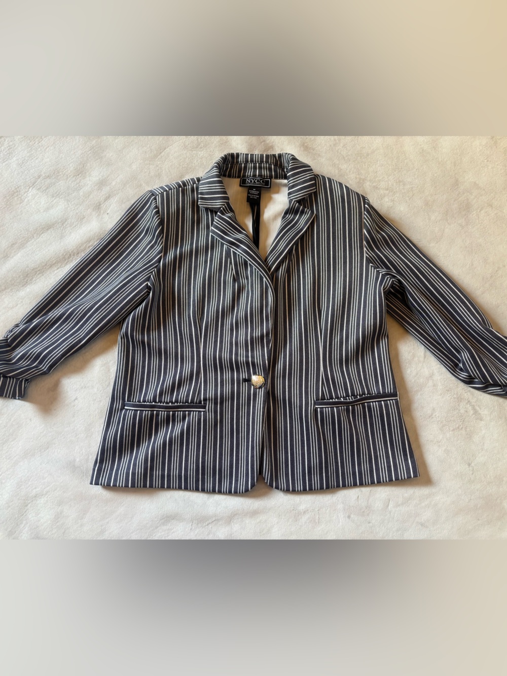 NYCC Navy White Pinstripe Ruched Sleeve Blazer Medium